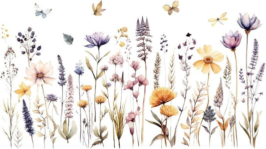 Flowers Wall Decals Wall Decor Vinyl Stickers, Wildflower Dandelion Grass Wall Art Murals, 3D Flower Pattern Self-Adhesive Wall Stickers for Girls Bedroom Living Room Nursery Decor