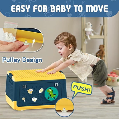 Toy Box Chest with Lid, Dinosaur Collapsible Storage Organizer for Kids Boys Girls, Plastic Stackable Toddler Toy Bins with Building Block Lid (Blue)