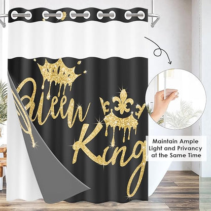 King and Queen No Hook Shower Curtain with Snap in Liner, Black and Gold Glitter Bath Curtain with Double Layers Waterproof Fabric and Mesh Top Window 71x74 Inch