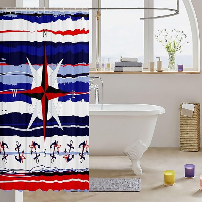 Feelyou Compass Shower Curtain Ocean Themed Fabric Shower Curtain for Kids Boys Girls Anchor Bathroom Waterproof Accessories with 12 Hooks Blue Red White Striped Curtains,72X72 Inches