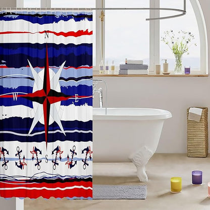 Feelyou Compass Shower Curtain Ocean Themed Fabric Shower Curtain for Kids Boys Girls Anchor Bathroom Waterproof Accessories with 12 Hooks Blue Red White Striped Curtains,72X72 Inches
