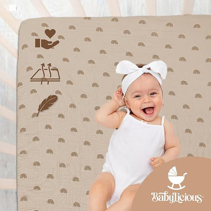 Muslin Crib Sheets - 2 Pack | 100% Muslin Cotton Fitted Crib Sheet | Crib Sheets for Boys/Girls - Baby Crib Sheets Neutral + Sunset Design | 52"x28" | Fits Standard Crib & Toddler Mattress