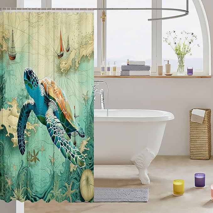 Feelyou Sea Turtle Shower Curtain 72"x72" Kids Sailboat Printed Bathroom Shower Curtain Set for Boys Girls Teens Ocean Themed Bath Curtain Marine Life Sealife Bathroom Accessories