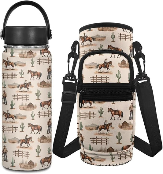 Cowboys Stainless Steel Water Bottle for Girls 2 Pcs Water Bottle Holder Carrier Sling Water Bottle Pouch Sleeve Vacuum Bottle Set