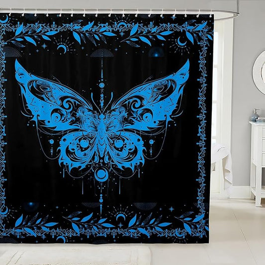 Feelyou Boho Blue Butterfly Bathroom Waterproof Accessories with 12 Hooks Bohemian Moth Shower Curtain for Kids Boys Girls Moon Galaxy Fabric Shower Curtain Black and Blue Curtains,72X72 Inches