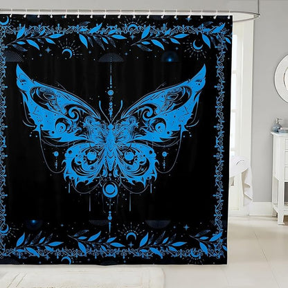 Feelyou Boho Blue Butterfly Bathroom Waterproof Accessories with 12 Hooks Bohemian Moth Shower Curtain for Kids Boys Girls Moon Galaxy Fabric Shower Curtain Black and Blue Curtains,72X84 Inches