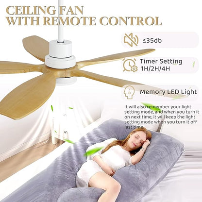52" Ceiling Fan with Light and Remote,Reversible DC Motor,6Speed,Modern Natural Wood Ceiling Fan with Dimmable LED for Outdoor Patios Bedroom Living Room,Original Walnut and White