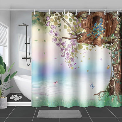 AILONEN Yellow Tree Leaves Shower Curtain,Botanical Floral Plants Vine Shower Curtain,Butterfly Floral Shower Curtain for Bathroom Decor Polyester Waterproof with Grommets and Hooks 72" W*84" H