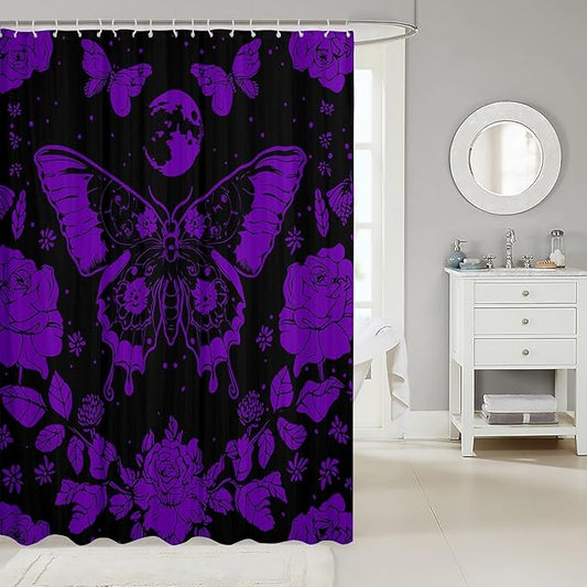 Feelyou Purple Butterfly Fabric Shower Curtain Cover Botanical Floral Shower Curtain for Kids Boys Girls Butterflies Bathroom Waterproof Accessories with 12 Hooks Flying Curtains,72x72 Inches