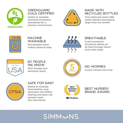 Simmons Kids Carter 6-in-1 Convertible Crib - Greenguard Gold Certified, Grey + Quiet Nights Breathable Baby Bed Crib Mattress and Toddler Mattress (Bundle)