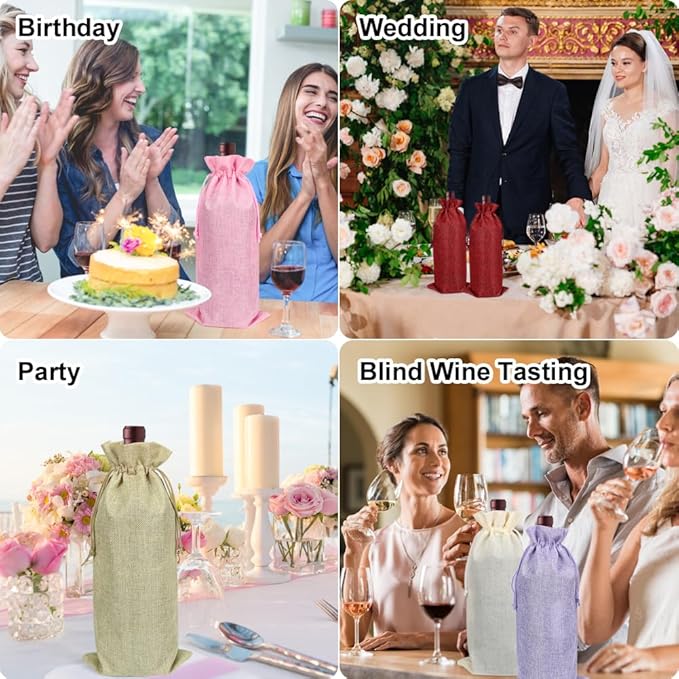Shintop 10pcs Jute Wine Bags, 14.4 x 5.6 inches Hessian Wine Bottle Gift Bags with Drawstring （5 colors）