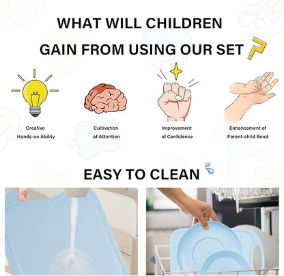 TJ POP Knives for Kids, 6 Pcs Kids Knives Set for Real Cooking, Safe Kitchen Knives Set for Children, Toddler Knife with Cutting Board & Dishes, Kids' Baking Supplies, BPA-Free (Blue)