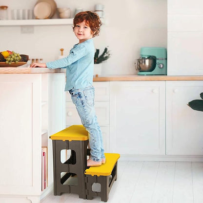 Folding 2-Step Stool, Non-Slip Portable Footstool 8" & 17" Dual Heights, Holds 300 lbs, Portable Footstool for Kitchen Home Toilet Bedroom Office Bathroom RV(Yellow)