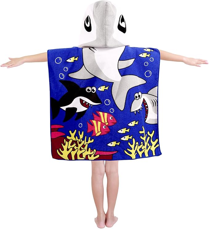 Kids Shark Hooded Beach Towel Boys Cute Poncho Pool Beach Towels with Hood 24*47 in Soft Microfiber Swim Cover-ups for Kids Ages 3-10 Thick Absorbent Cotton Hooded Bath Towel Wrap Bathrobe