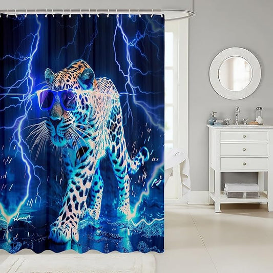 Feelyou Wild Animal Leopard Shower Curtain Leopard Bath Curtain Blue Leopard Bathroom Shower Curtain Set for Boys Girls Wild Leopard Kids Bathroom Accessories Wildlife 72"x72"
