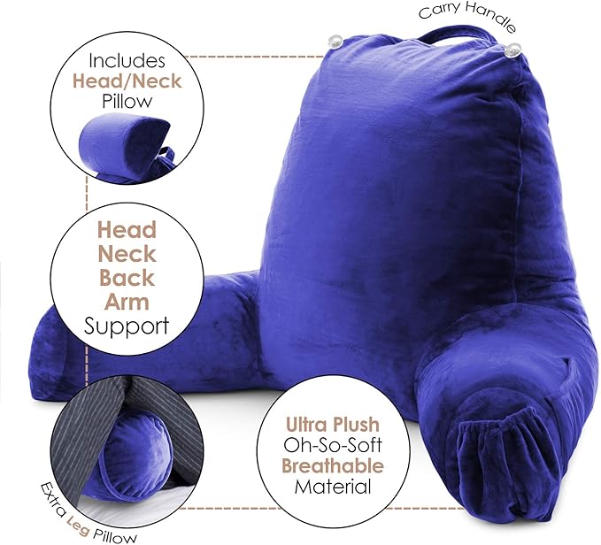 Nestl Reading Pillow Large Bed Pillow, Back Pillow for Sitting in Bed Shredded Memory Foam Chair Pillow, Reading & Bed Rest Pillows Royal Blue Back Pillow for Bed, Bed Chair Arm Pillow with Pockets