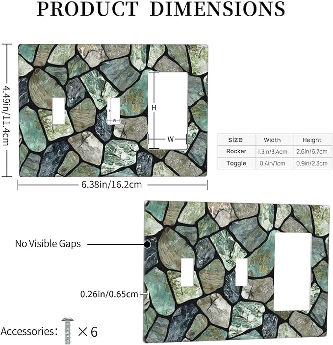 Green Stone Texture Combo 2 Toggle 1 Rocker Light Switch Wall Plate Cover Decorative 3-Gang for Electrical Outlets Room Bathroom Bedroom Home Kitchen One Decora Receptacle 4.5" x 6.38"