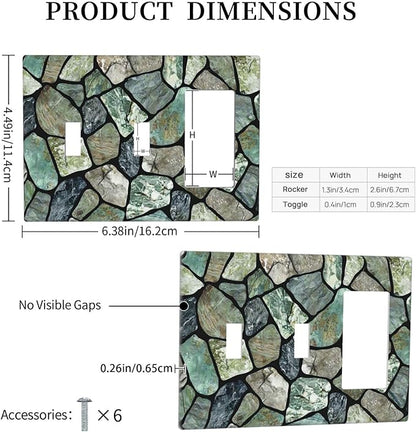 Green Stone Texture Combo 2 Toggle 1 Rocker Light Switch Wall Plate Cover Decorative 3-Gang for Electrical Outlets Room Bathroom Bedroom Home Kitchen One Decora Receptacle 4.5" x 6.38"