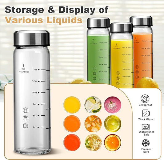 SIEROZUR Juice Bottles - 6 Pack Wide Mouth Glass Bottles with Lids - for Juicing, Smoothies, Infused Water, Beverage Storage - 16oz, BPA Free, Stainless Steel Lids, Leakproof, Reusable, Borosilicate