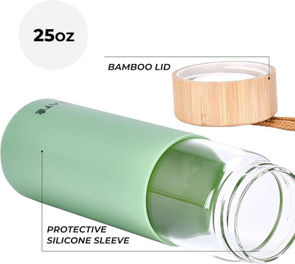 HYDRATE Glass Water Bottle, 25 oz - Gym Drinking Bottles with Slip Resistant Silicone Sleeve and Leak Proof Bamboo Lid - Clear Sports Bottle Made of Borosilicate Glass (10 x 3 inches, Olive Green)