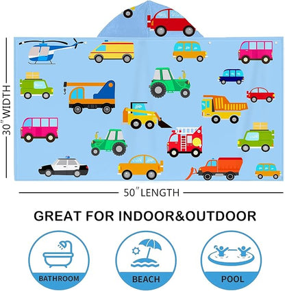 Blue Car Hooded Beach Towel for Kids, Cute Bath Towel with Hood, Boy Microfiber Super Absorbent Soft Poncho Bathrobe for Swin Pool 30”x50”