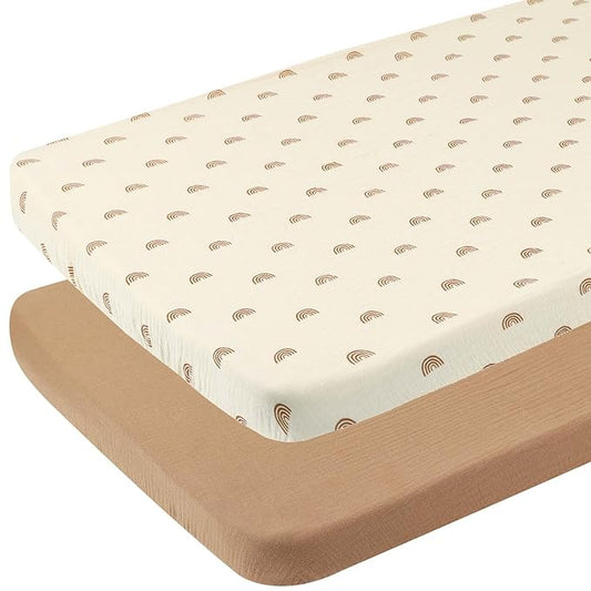 Muslin Travel Crib Sheets 24" x 42" Compatible with Guava Lotus Travel Crib, Baby Bjorn Travel Crib Light, Dream On Me Travel Light Playyard Mattress, 2 Pack Natural and Rainbow