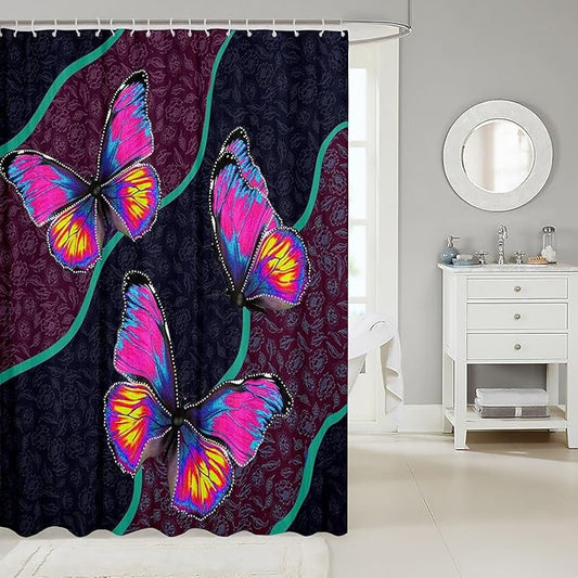 Feelyou Butterfly Shower Curtain 72"x84" Kids Butterflies Botanical Floral Print Bathroom Shower Curtain Set for Boys Girls Teens Geometric Stripes Bath Curtain Colorful Bathroom Accessories