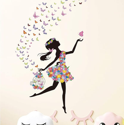 Flower Fairy Wall Decals Peel and Stick Large Princess Wall Decals for Girls Bedroom with Birdcage Pink Butterfly Wall Decor Stickers for Baby Girl Nursery Living Room Classroom (2 Sheets)