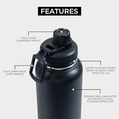 BOZ Stainless Steel Water Bottle XL (1 L / 32oz) Wide Mouth, BPA Free, Vacuum Double Wall Insulated (Matte Black)