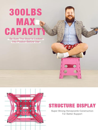 Non-Slip Folding Step Stool - 13 inch Height Heavy Duty Foldable Stool for Adults Kids, Plastic Step Stool Camping Stepping Stool - Pink