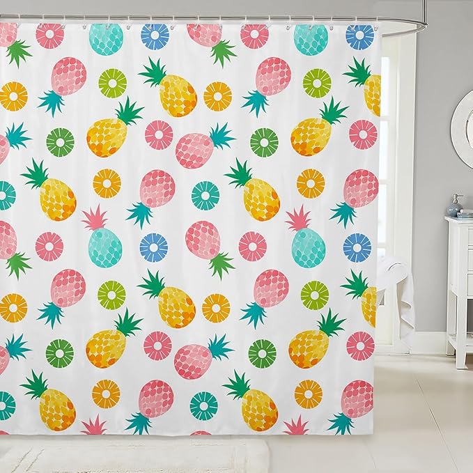 Feelyou Pineapple Shower Curtain Colorful Fruits Fabric Shower Curtain for Kids Boys Girls Tropical Pineapple Bathroom Waterproof Accessories with 12 Hooks Watercolor Curtains,72X72 Inches