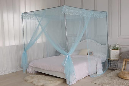 Bed Canopy, Princess Bed Curtain Net for Girls & Adults, Three-Doors Rectangular Lace Dome Netting (Blue, King)