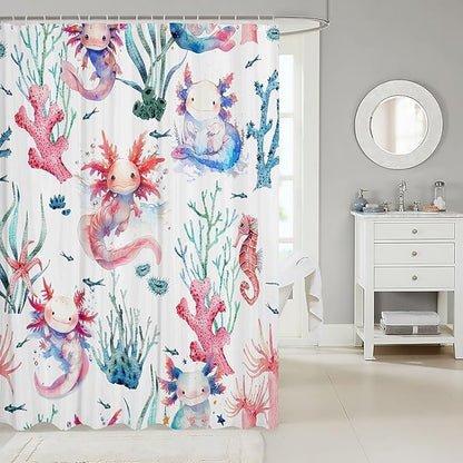 Feelyou Cartoon Axolotl Bathroom Waterproof Accessories with 12 Hooks Watercolor Salamander Fabric Shower Curtain for Kids Boys Girls Green Corals Shower Curtain Sealife Curtains,72X78 Inches