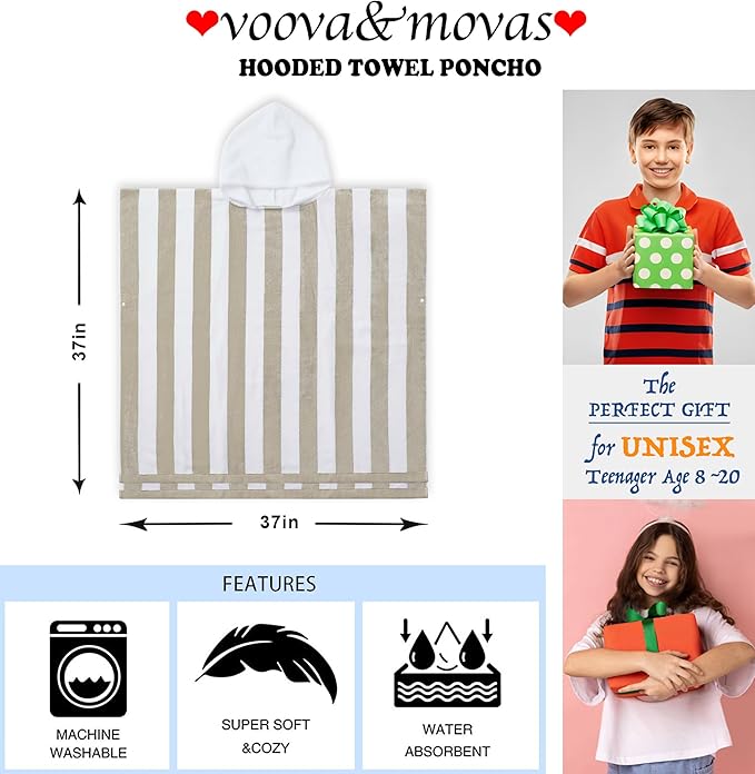 VOOVA & MOVAS Hooded Beach Towel for Big Kids | Large (8-16Years) Soft and Absorbent Cotton Poncho Towel Robe for Pool, Swim, and Bath, Tan Cabana Stripe