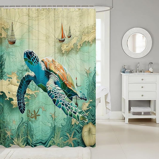Feelyou Sea Turtle Shower Curtain 72"x78" Kids Sailboat Printed Bathroom Shower Curtain Set for Boys Girls Teens Ocean Themed Bath Curtain Marine Life Sealife Bathroom Accessories