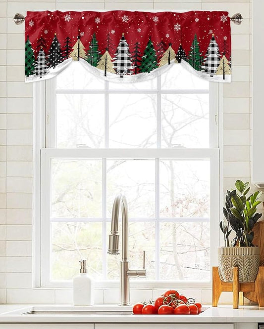 Red Merry Christmas Blackout Tie Up Valance Curtains for Kitchen Windows Green Christmas Tree Window Toppers Balloon Shades for Living Room/Bathroom/Bedroom,1 Panel, 42" X 12",White Snow Forest Winter