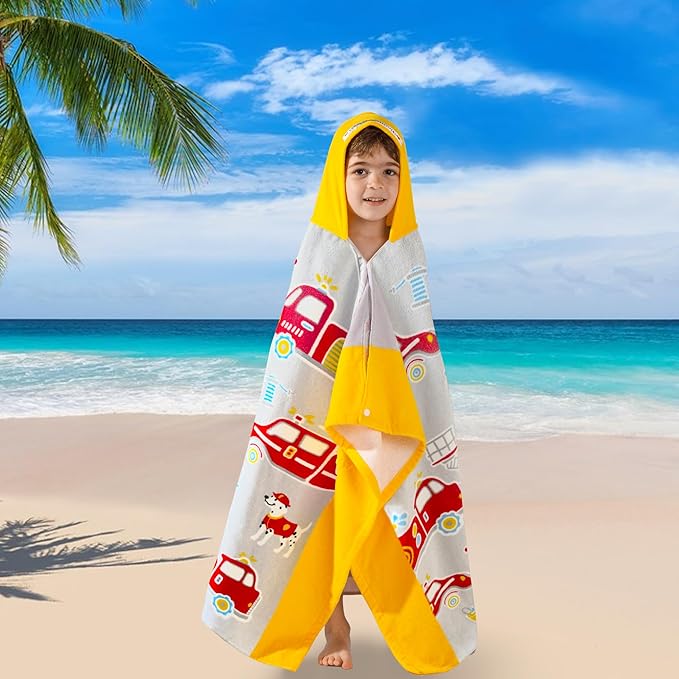 VOOVA & MOVAS Kids Bath Towels for Boys, Ages 3-10 | Soft Thick Absorbent Cotton, Beach | Pool | Bath Hooded Towels, Yellow Fire Truck