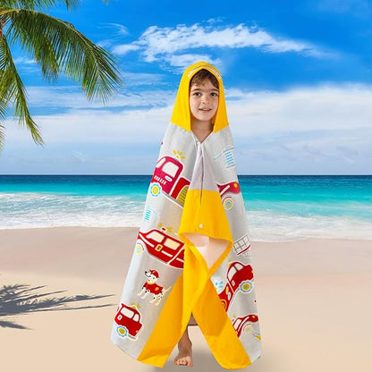 VOOVA & MOVAS Kids Bath Towels for Boys, Ages 3-10 | Soft Thick Absorbent Cotton, Beach | Pool | Bath Hooded Towels, Yellow Fire Truck