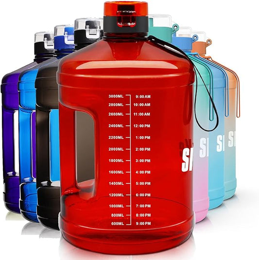 Gallon Big Water Bottle with Handle, 128oz Leakproof BPA Free Fitness Sports Water Bottle with Motivational Time Marker & Wide Mouth Ensure You Drink More Water