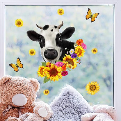 Farm Animal Wall Decals Funny Cow Sunflower Butterfly Wall Sticker Window Clings Peel and Stick Removable Self-Adhesive Wall Art Mural Bedroom Classroom Living Room Window Glass Decoration