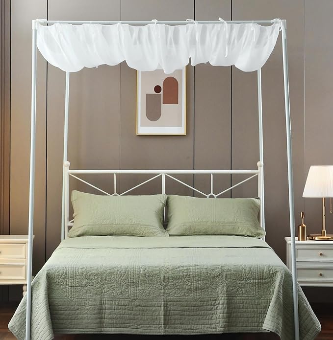 Pleated White Sheer Canopy Bed Curtains for Top of Bed, Romantic Princess Bed Curtains, Bed Canopy for Girls (Queen, White)