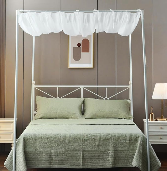 Pleated White Sheer Canopy Bed Curtains for Top of Bed, Romantic Princess Bed Curtains, Bed Canopy for Girls (Queen, White)