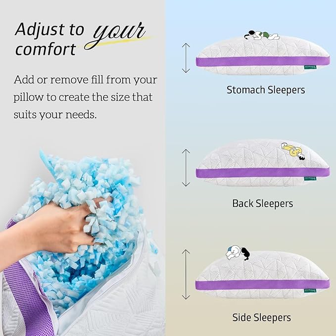 BETU Cooling King Pillow, Shredded Memory Foam Cool Pillow for Hot Sleepers, Adjustable Firm Soft Support Bed Pillows Perfect for Back Neck Pain and Side Sleeping with Pillow Case Cover, Purple