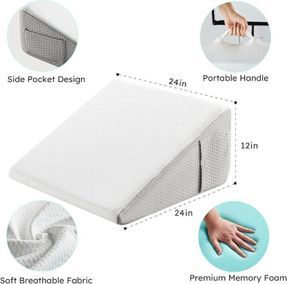 Wedge Pillow with Extra WashableReplaceable Cover, 12 inch Elevated Support Bed Wedge Pillow, Triangle Pillow Wedge for Sleeping Acid Reflux, Post Surgery, Sleep Apnea,Gerd, Memory Foam