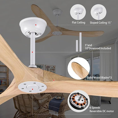 Bigzone 60" Modern Ceiling Fan No Light, Energy Efficient DC Motor, 3 Balsa Wood Blades, Wood Ceiling Fan With Remote Control,Reversible Blades