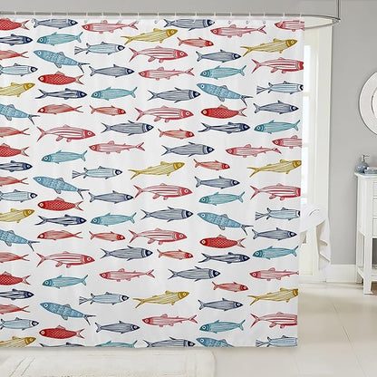 Feelyou Cartoon Fish Shower Curtain 72"x72" Kids Marine Life Sea Bathroom Shower Curtain Set for Boys Girls Teens Ocean Marine Themed Bath Curtain White Red Blue Yellow Bathroom Accessories