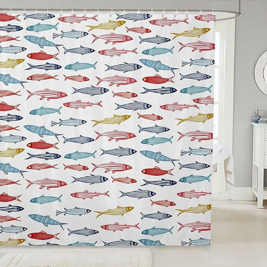 Feelyou Cartoon Fish Shower Curtain 72"x72" Kids Marine Life Sea Bathroom Shower Curtain Set for Boys Girls Teens Ocean Marine Themed Bath Curtain White Red Blue Yellow Bathroom Accessories