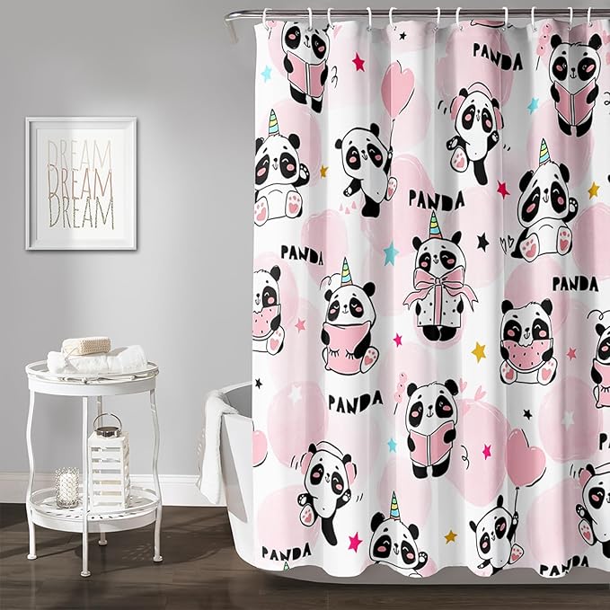 AILONEN Panda Shower Curtain for Bathroom, Cute Kawaii Panda Kids Bathroom Curtain,Pink Cartoon Bath Curtain 36" W*72" H Polyester Waterproof Bathroom Curtain with 12 Hooks