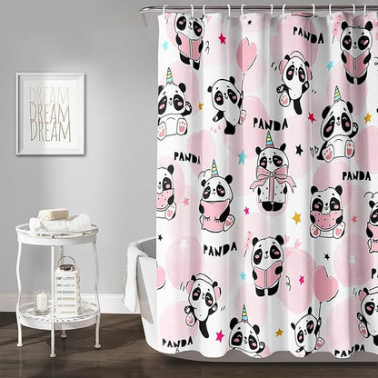 AILONEN Panda Shower Curtain for Bathroom, Cute Kawaii Panda Kids Bathroom Curtain,Pink Cartoon Bath Curtain 72" W*84" H Polyester Waterproof Bathroom Curtain with 12 Hooks