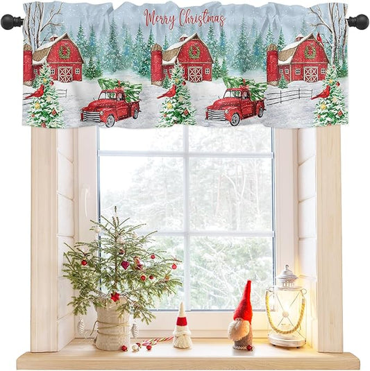 Red Truck Christmas Valance Curtains for Kitchen Windows Merry Christmas Farmhouse Rod Pocket Window Treatment Toppers for Kitchen/Living Room/Bedroom/Bathroom, 42" X 12", Winter Xmas Tree